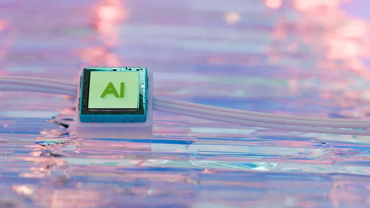 Artificial intelligence technology network visualization with cyber security data connections glowing in dark blue