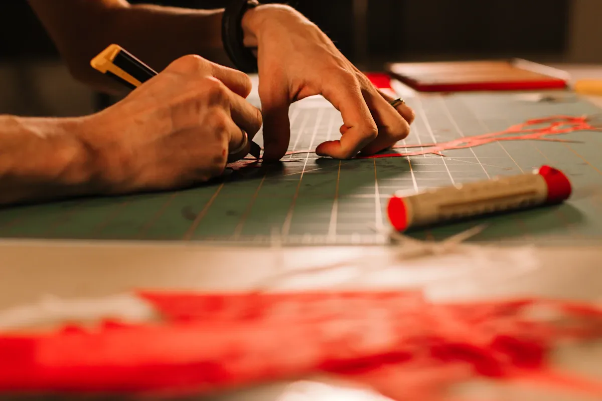 Renkli DIY el işi malzemeleri, ahşap yüzey üzerinde düzgün sıralanmış.