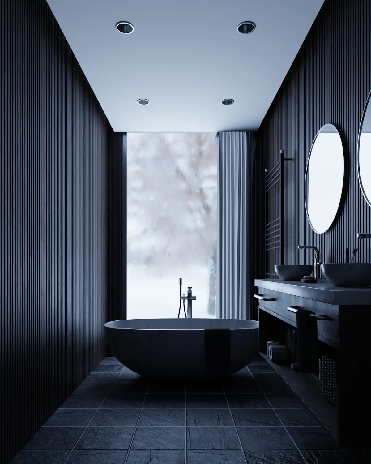 Karanlık bir banyoda loş ışıkla aydınlatılmış duş alanı, gece duşunun huzur verici atmosferi.