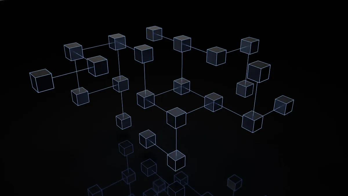 Neural network architecture data sequence visualization with connected nodes and flowing data paths