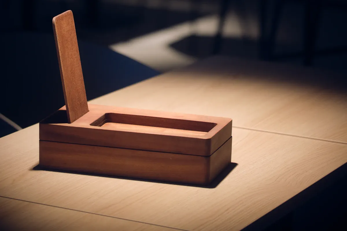 Ahşap masa üzerindeki telefon kilitli kutusu, dikkat dağıtıcı uygulamalardan uzaklaşmayı temsil ediyor.