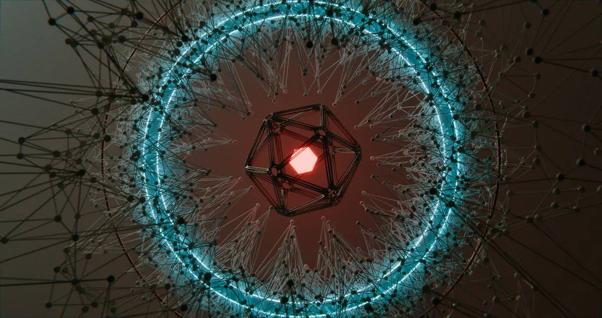 Yapay sinir ağlarının beyin gibi hafıza kurma mekanizmasını gösteren soyut dijital illüstrasyon.